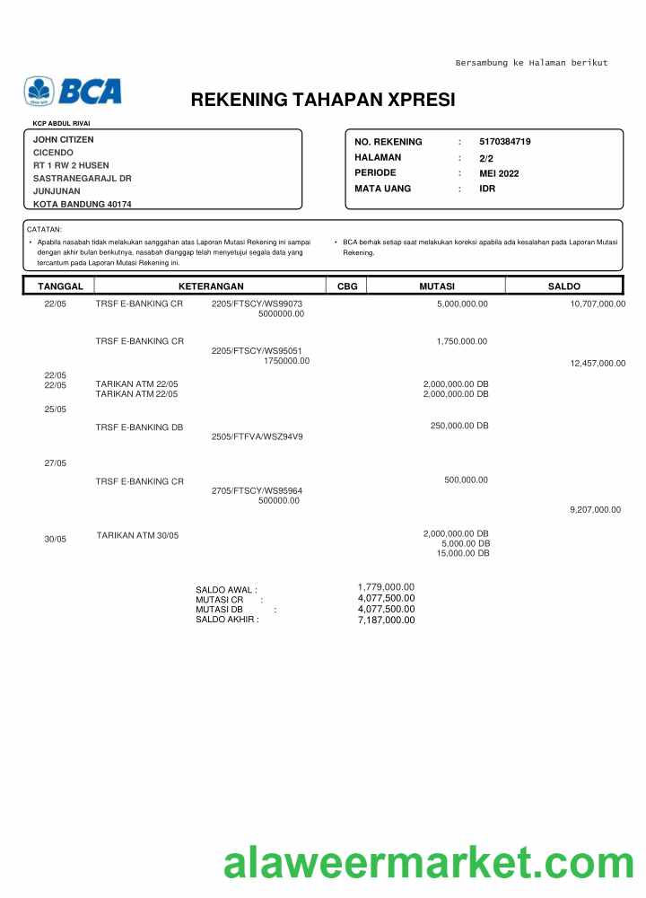 INDONESIA BCA bank statement template, Word and PDF format